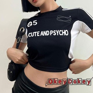 Odokey- เสื้อครอปท็อป แขนสั้น คอกึ่งสูง พิมพ์ลายตัวอักษร สําหรับผู้หญิง