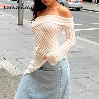 Lanlanlolo เสื้อเปิดไหล่ แขนยาว ผ้าเชียร์ ทรงสลิมฟิต สีพื้น สําหรับผู้หญิง 2023