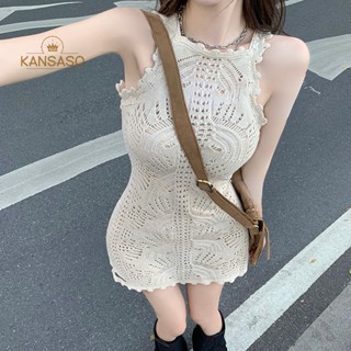 Kans ชุดเดรสสั้น ผ้าถักโครเชต์ ทรงสลิมฟิต ฉลุลาย แฟชั่นฤดูร้อน สําหรับผู้หญิง TH