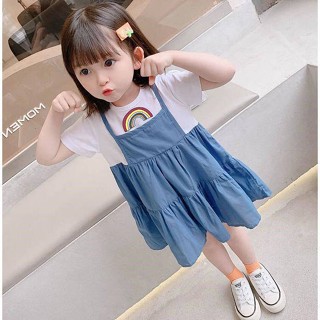 Childrens Fake Two-Piece Dress Summer Girls Cute Cartoon Princess Dress New Version Little Girls Western Style Midi Dress Loose uW5Z