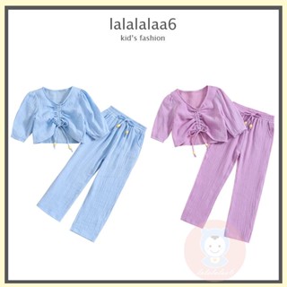 Laa6- เสื้อยืดครอป และกางเกง ผ้ายืด สีพื้น แฟชั่นฤดูร้อน สําหรับเด็กผู้หญิง