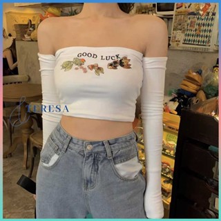 พร้อมส่ง เสื้อครอปเเขนยาวปาดไหล่สีขาว เสื้อครอปแขนยาว CROP ครอป เอวลอย แขนยาว