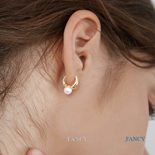 Fancy ใหม่ ต่างหูห่วง ประดับมุก สีเงิน สไตล์เกาหลี เรียบง่าย เครื่องประดับ สําหรับผู้หญิง