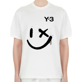 Yohji Yamamoto Y3 เสื้อแขนสั้น ผ้าฝ้ายแท้ พิมพ์ลายหน้ายิ้ม สไตล์ฮิปฮอป อเมริกัน ทรงหลวม สีพื้น สําหรับคู่รัก