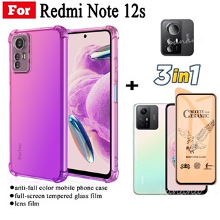 3in1 Redmi Note 12s Note 12 4G 5G เคสโทรศัพท์ กันตกสี่มุม + ฟิล์มกระจกนิรภัย + ฟิล์มหลังคาร์บอนไฟเบอร์ + ฟิล์มเลนส์