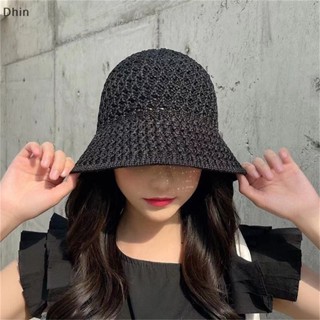 [Dhin] Summer Collapsible Dome Knit Bucket Hat Women Hollow Out Solid Color Simplicity Soft Beach Caps COD