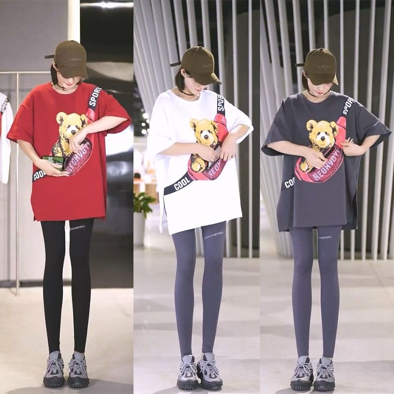 เสื้อยืดลําลอง แขนสั้น คอกลม แต่งซิป พิมพ์ลายการ์ตูนหมี ทรงหลวม แฟชั่นฤดูร้อน สําหรับสตรี