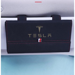 Tesla LOGO กล่องเก็บแว่นตากันแดด อัลแคนตารา แบบฝาพับ ที่บังแดด ภายในรถยนต์ ที่ใส่นามบัตร / กล่องเก็บการ์ด