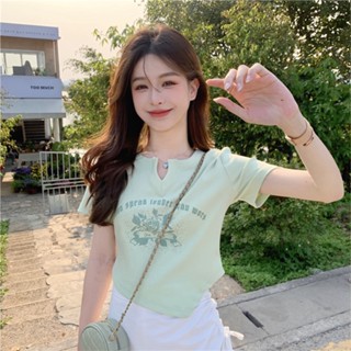 Spot# summer new ice silk thread top irregular design V-neck short-sleeved T-shirt female student slim fit short top 8jj