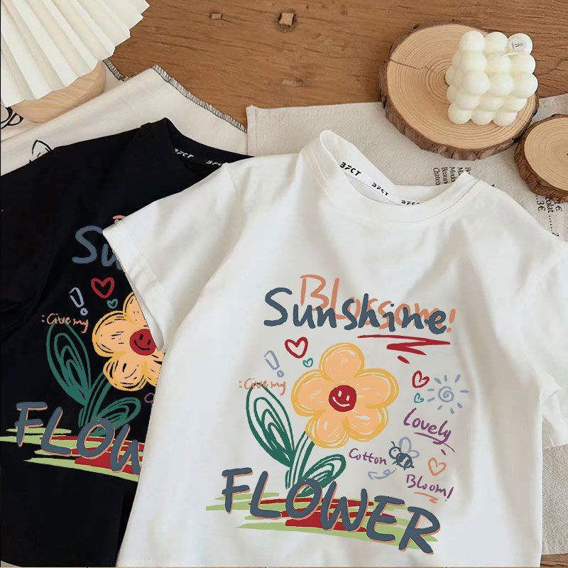 Girl Tshirt (1-13Y) ดอกไม้พิมพ์ผ้าฝ้าย 100% แขนสั้นเสื้อยืดบางเกาหลีแฟชั่นรอบคอ Budak Perempuan Baju