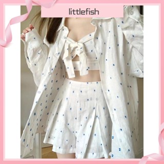 [littlefish] เสื้อเชิ้ตแขนยาว ผ้าลินิน แบบบาง สีขาว หรูหรา แฟชั่นฤดูร้อน สไตล์ญี่ปุ่น สําหรับเด็กผู้หญิง เหมาะกับการเดินทาง มีสามชิ้น