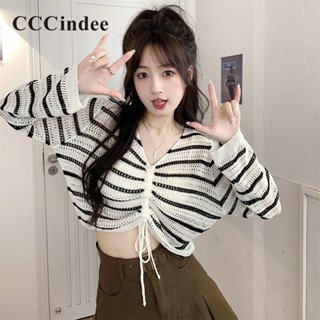 Cccindee เสื้อยืดแขนยาว คอวี ผ้าถัก ทรงหลวม ฉลุลาย แฟชั่นสําหรับผู้หญิง 2023