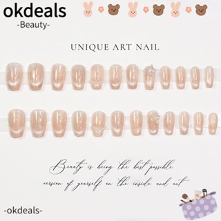 OKDEALS เล็บปลอม หัวเหลี่ยม ยาว 24 ชิ้น เล็บปลอม ไข่มุก แฟลช ตาแมว เล็บปลอม กดบนเล็บ ไล่ระดับสี เต็มรูปแบบ เล็บที่ถอดออกได้ สําหรับผู้หญิง