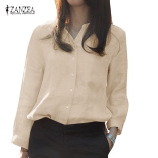 Zanzea เสื้อเชิ้ตแขนยาว คอวี ผ้าฝ้าย ผ้าลินิน สีพื้น สไตล์เกาหลี สําหรับผู้หญิง