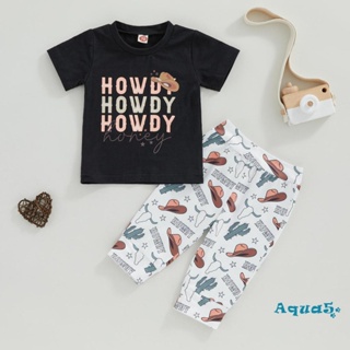 Aqq- ชุดเสื้อแขนสั้น พิมพ์ลายตัวอักษร และหมวก และกางเกง พิมพ์ลายวัว แฟชั่นฤดูร้อน สําหรับเด็กผู้ชาย