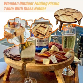 Outdoor Folding Picnic Table With Glass Holder Wooden Wine Rack Garden Camping