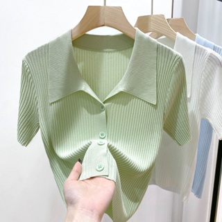 Spot second hair# polo collar short-sleeved knitted T-shirt womens 2023 Summer new niche slimming green lapel short cardigan shirt 8.cc