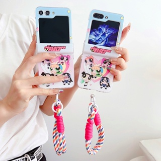 3in1 เคสโทรศัพท์มือถือแบบแข็ง ใส กันกระแทก ลายภาพวาดบานพับ Action Power Pretty Girls พร้อมสายคล้องมือ สําหรับ Samsung Galaxy Z Flip 5 4 3 5G Flip3 Flip4 Flip5