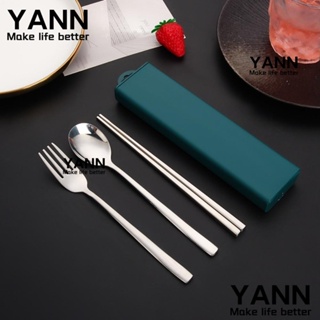 Yann1 ชุดช้อนส้อมตะเกียบ ส้อม ตะเกียบ สเตนเลส สีเขียวเข้ม สําหรับเดินทาง ตั้งแคมป์ 3 ชิ้น