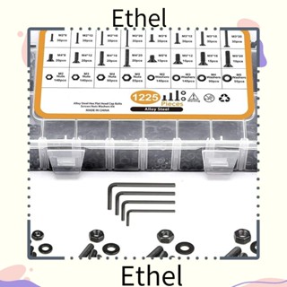 Ethel1 ชุดสกรูน็อต และแหวนรอง หกเหลี่ยม หัวแบน โลหะผสมเหล็ก M2 M3 M4 M5 พร้อมประแจหกเหลี่ยม 8 12 16 20 มม. 1225 ชิ้น