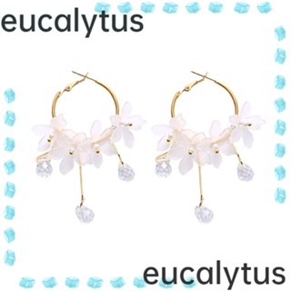 Eucalytus1 ต่างหูห่วงคริสตัล ชุบทองคําขาว 18K ลายดอกไม้ เครื่องประดับ สําหรับผู้หญิง