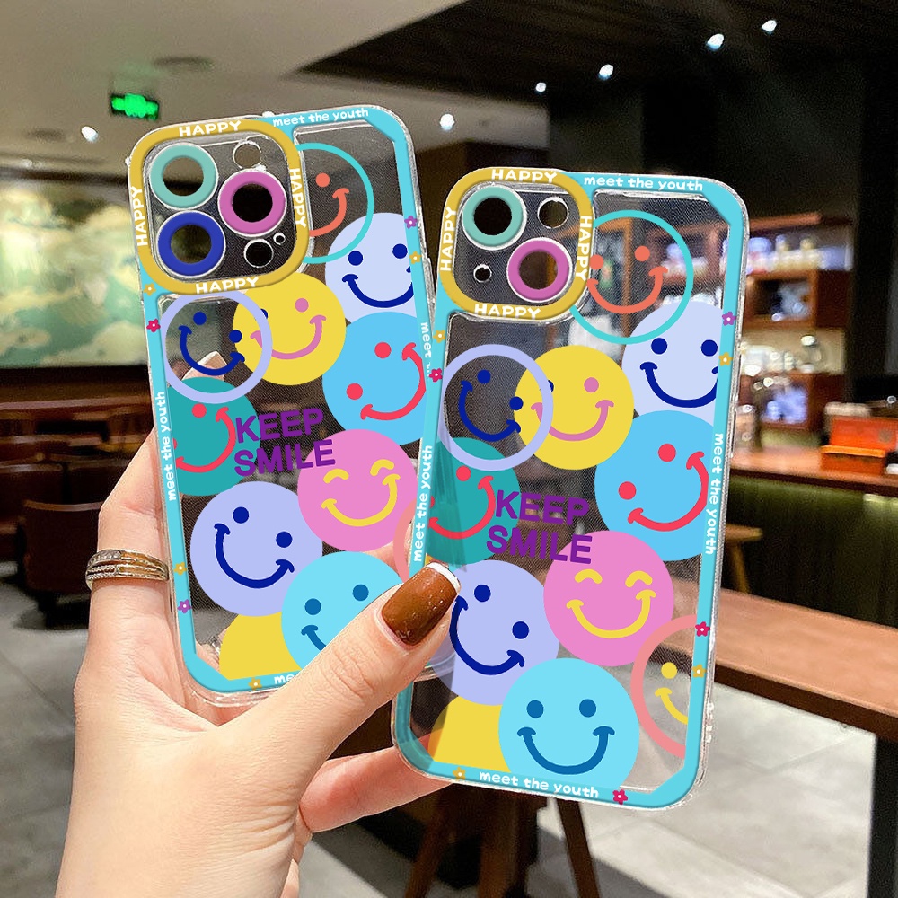 ตัวป้องกันเลนส์หน้ายิ้มซิลิโคนเคสโทรศัพท์สำหรับ IPhone 11 12 13 14 Pro Max 7 8 Plus XS Max XS SE 2020 ฝาครอบป้องกัน