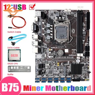 เมนบอร์ดขุดเหมือง B75 12GPU BTC และสายเคเบิล CPU G620 SATA และสายเคเบิลสวิตช์ PCB B75 12GPU รองรับ 2XDDR3 RAM USB3.0 B75 12USB