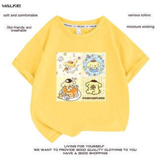 Walkie เสื้อยืดแขนสั้น ผ้าฝ้ายแท้ พิมพ์ลายการ์ตูนอนิเมะ Sanrios Kawaii Pom Pom Purin น่ารัก ทรงหลวม เหมาะกับของขวัญวันเก