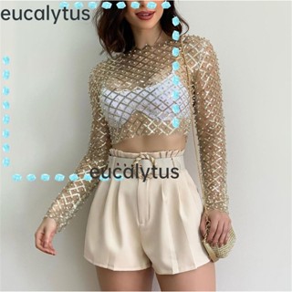 Eucalytus1 เสื้อครอปท็อป แขนยาว ปักเลื่อม กลิตเตอร์ ซีทรู เซ็กซี่ สําหรับผู้หญิง