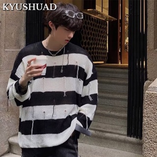 KYUSHUAD เสื้อสเวตเตอร์สวมหัวแขนยาวลายทางคอกลมลำลอง เสื้อกันหนาวทรงหลวมรุ่นใหม่ยอดนิยมของเยาวชน