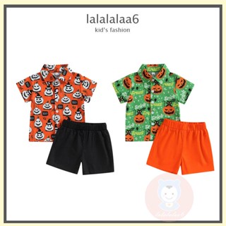 Laa6- เสื้อเชิ้ตแขนสั้น ลายฟักทองฮาโลวีน และกางเกงขาสั้น ยืดหยุ่น สําหรับเด็กผู้ชาย 2 ชิ้น