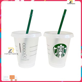 Ready stock Small Reusable Starbucks Straw Cup Transparent Cup Green Straw Children&amp;#39;s Straw Cup 473ml / 16oz เด่น_th