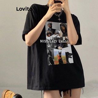 Lovito เสื้อยืดลําลอง ขนาดใหญ่ พิมพ์ลายฟิกเกอร์ สําหรับผู้หญิง LNE18043 (สีดํา)