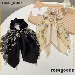 Rosegoods1 ยางรัดผม ผ้าพันคอ ลายดอกไม้ ประดับโบว์ แฟชั่น สําหรับมัดผมหางม้า 2 ชิ้น