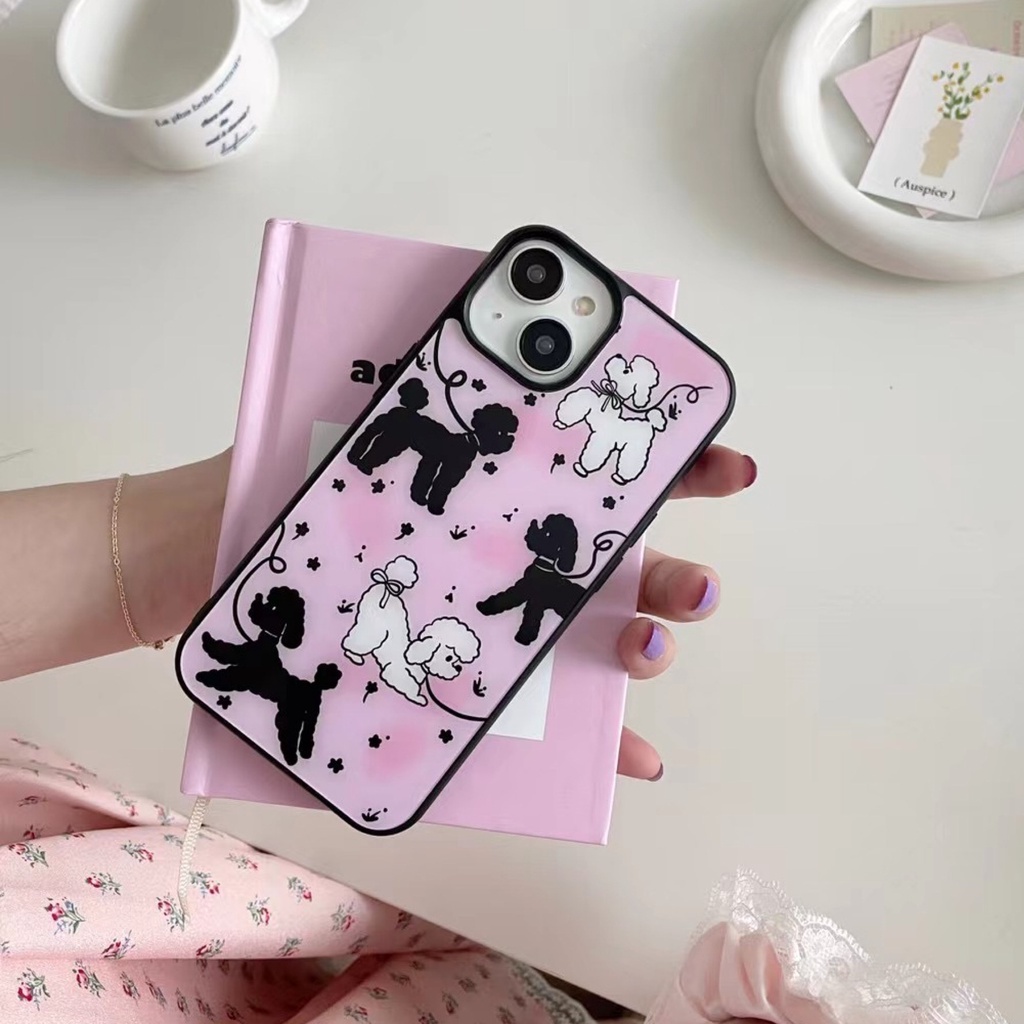 เคสโทรศัพท์มือถือ ลายลูกสุนัข สีชมพู ขอบสีดํา สําหรับ 15pro 14promax 13 12 11 xsmax xr