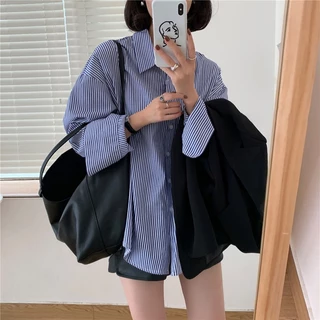 💖Dahong 💖เสื้อแฟชั่น เสื้อเชิ้ตสีน้ําเงิน ลายทาง สำหรับผู้หญิง ทรงหลวม แฟชั่นฤดูใบไม้ผลิ และฤดูใบไม้ร่วง