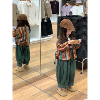 Korean style childrens clothing 2023 Autumn New girls fashionable western style vertical stripe coat lantern pants bottoming shirt three-piece set QDMX