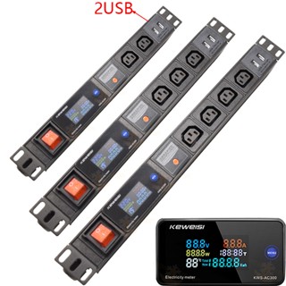 Pdu รางปลั๊กไฟ พร้อมมิเตอร์ดิจิทัล ป้องกันไฟโหลดเกิน C13 ซ็อกเก็ต 2USB สายเคเบิลต่อขยาย 2 เมตร