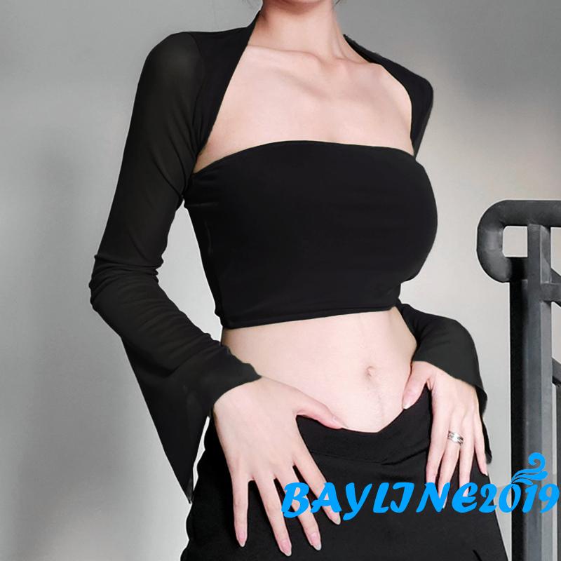 Bay-women Elastic Basic Bandeau ชุดฤดูร้อนปิดไหล่ Crop Tops และคาร์ดิแกนแขนยาว Shrug Streetwear Club Wear