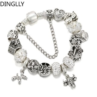 Dinglly สีเงิน หมี และป่า ใบไม้ ลูกปัด บราเซลเล็ต สําหรับผู้หญิง หัวกระทิง จี้ เสน่ห์ สร้อยข้อมือ เครื่องประดับ