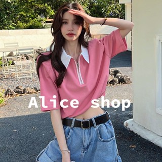 Alice  เสื้อผ้าแฟชั่นผู้หญิง เสื้อครอปหญิง เอวสูง แขนสั้น เสื้อยืด  ins Beautiful สบาย Trendy A23K03D 36Z230909