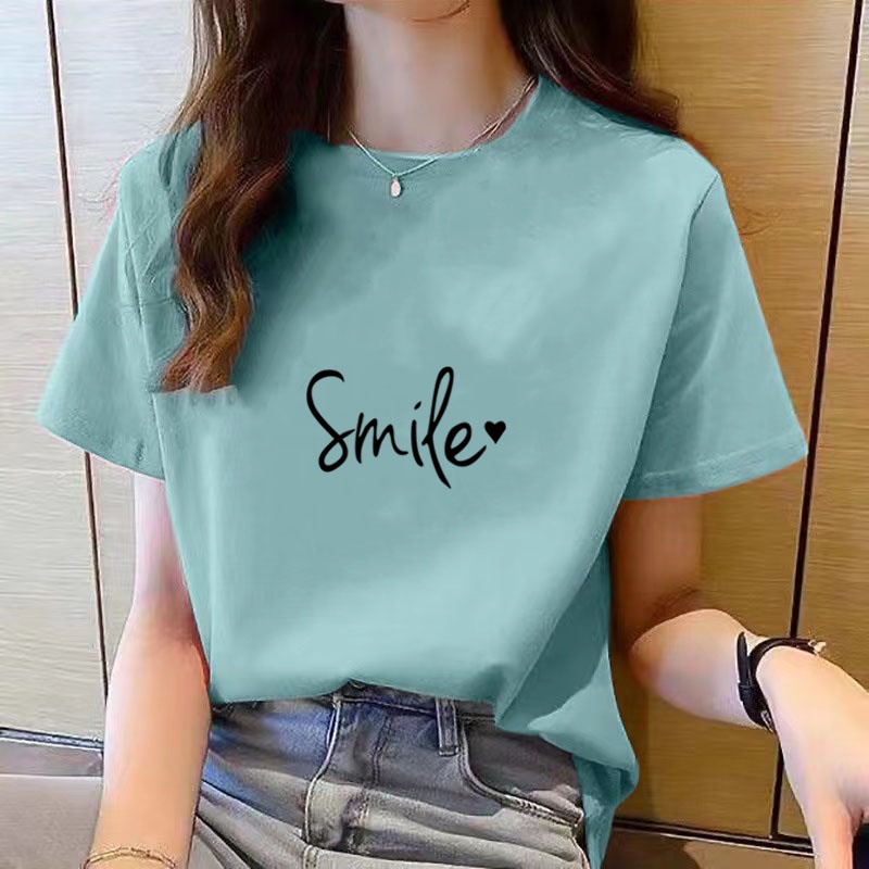 เสื้อยืดคอกลม แขนสั้น พิมพ์ลาย ทรงหลวม สไตล์เกาหลี แฟชั่นสําหรับผู้หญิง