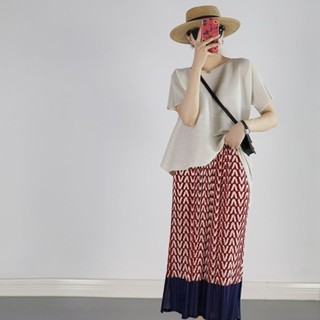 Miyake กระโปรงพลีท ทรงเอ เข้ารูป ลายดาว สีตัดกัน สําหรับผู้หญิง