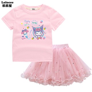 SANRIO ชุดเสื้อยืด ลาย Melody Kuromi และกระโปรง สีชมพูน่ารัก แฟชั่นฤดูร้อน สําหรับเด็กผู้หญิง จํานวน 2 ชิ้น