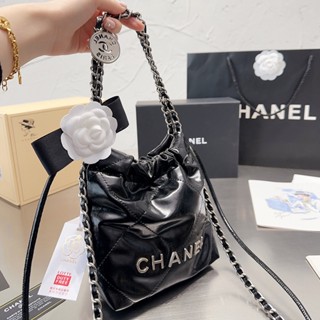 Chanelss กระเป๋าใส่เหรียญ สีทอง ขนาดเล็ก 22 ถุงขยะ แฟชั่นผู้หญิง และกระเป๋าโซ่ ผ้าห่มอย่างดี