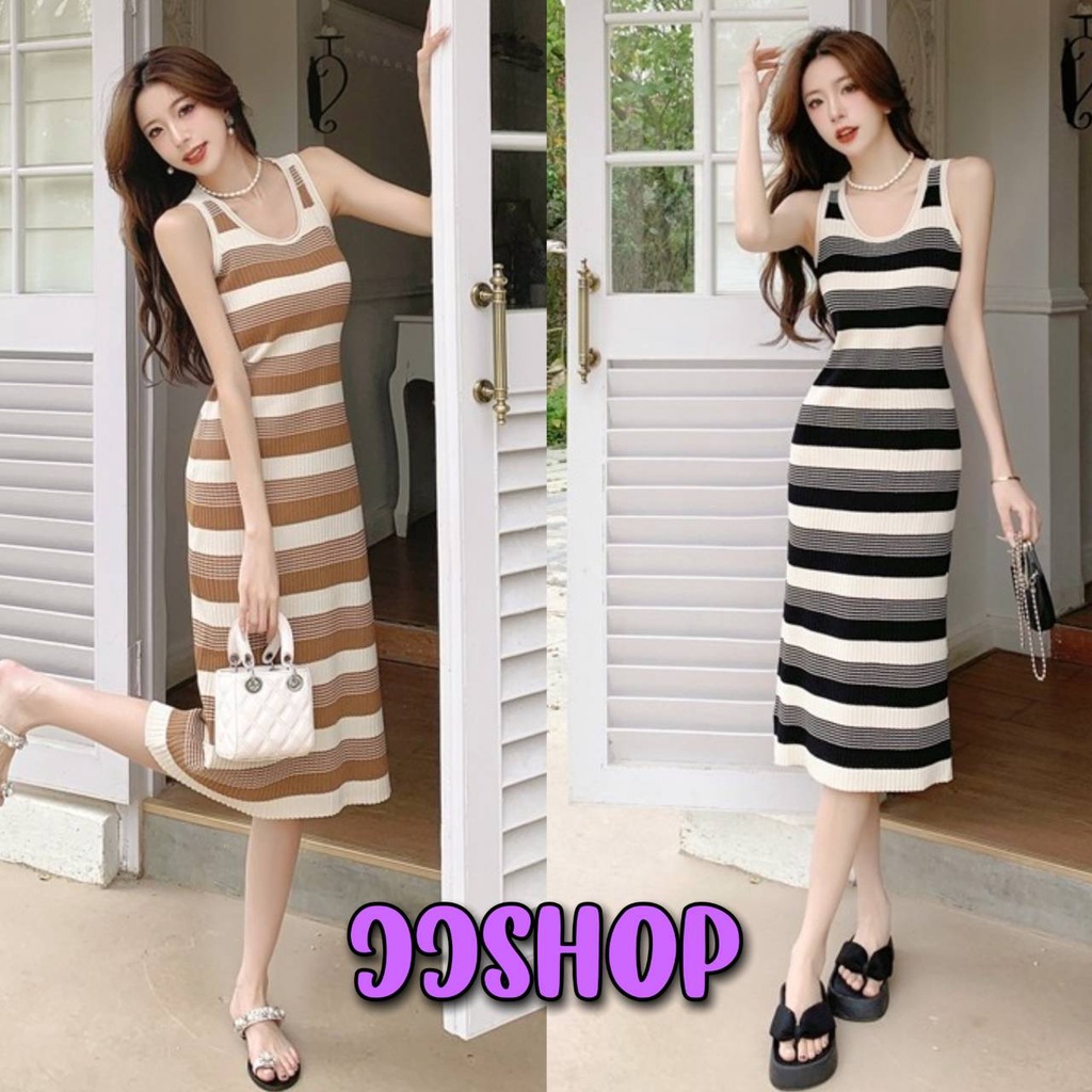 JJ shop พร้อมส่ง ชุดเดรสแขนกุด ไหมพรมลายทาง รัดรูปยืดได้ตามตัว "A578" -C