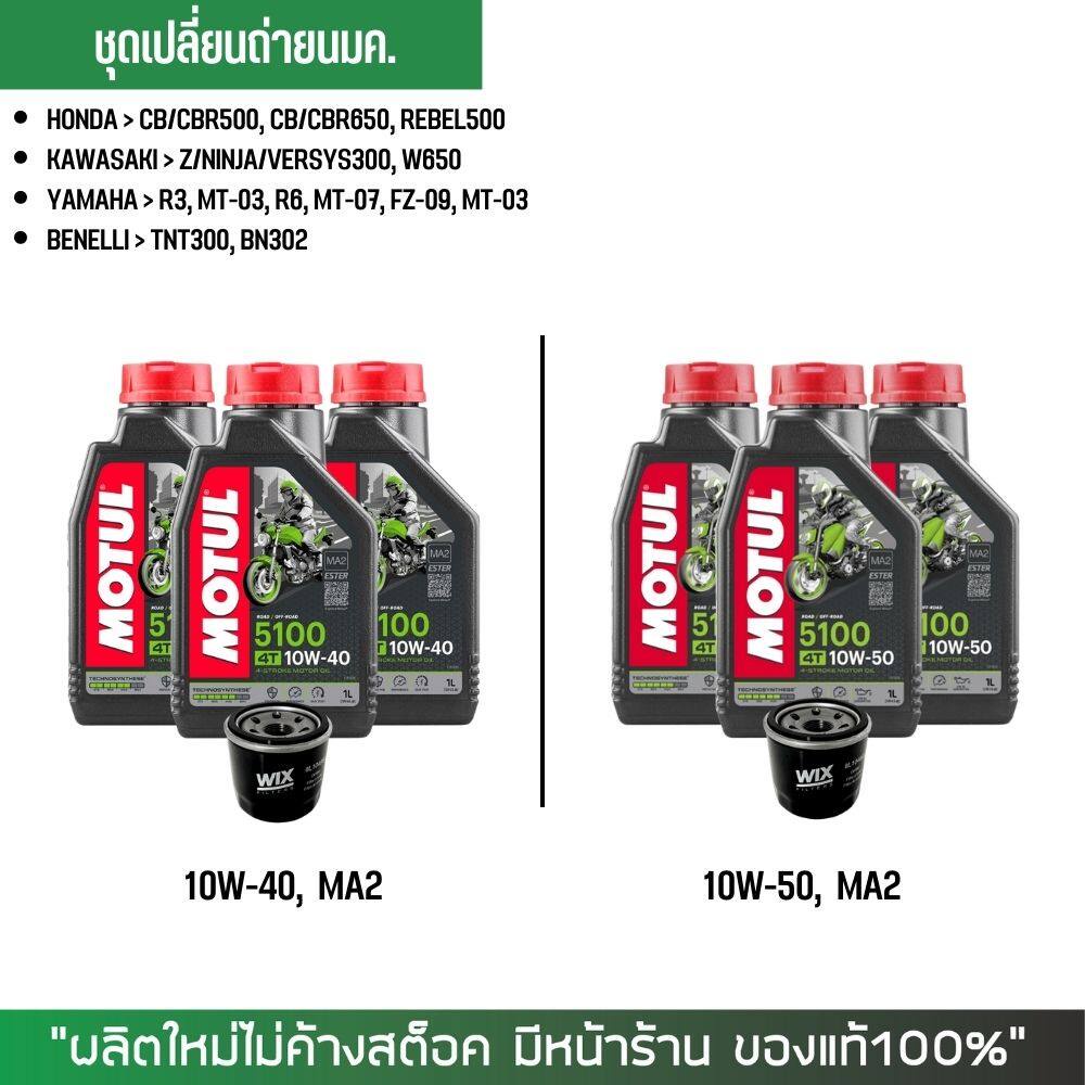 ชุดน้ำมันเครื่อง + กรอง // MOTUL 5100 10W-40 หรือ 10W-50 จำนวน 3 ขวด + กรองนมค. WIX (HONDA, KAWASAK