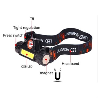 ไฟฉาย ไฟฉายคาดหัว HDหลอด Q5+COB 1500LM มีแม่เหล็กด้านข้าง USB Rechargeable Mini Headlight(-HD-)