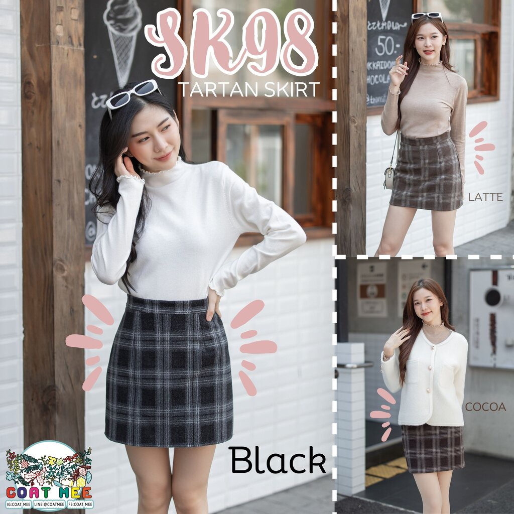 SK98 กระโปรงผ้าวูลลายสก็อต ผ้าหนามีซับด้านในไม่โป๊ กันหนาวไม่คันใส่สบาย รุ่น TARTAN SKIRT COATMEE