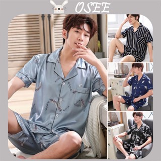 [Osee] ชุดนอน เสื้อคาร์ดิแกน แขนสั้น กางเกงขาสั้น ผ้าเรยอน ผ้าซาติน แบบบาง พลัสไซซ์ เหมาะกับฤดูใบไม้ผลิ และฤดูใบไม้ร่วง สําหรับผู้ชาย